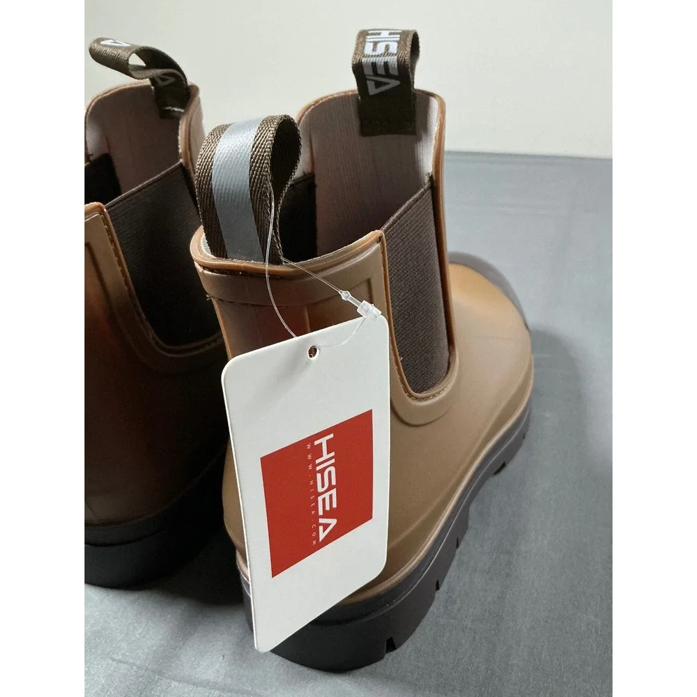 Hisea Womens Brown Waterproof Chelsea Rain Boots Rubber Lug Sole Size 11 NEW